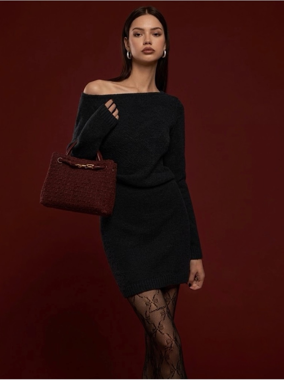Commense Off-Shoulder Black Knit Dress - Elegant Women's Sweater Dress